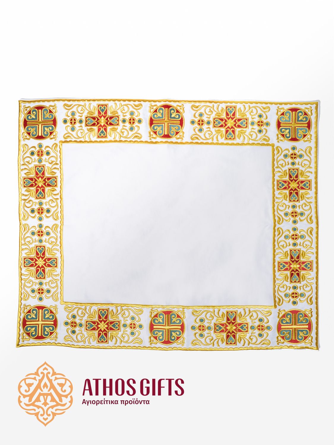 Iliton made of dense cotton satin with gold stitching and embroidered floral motifs in the corners