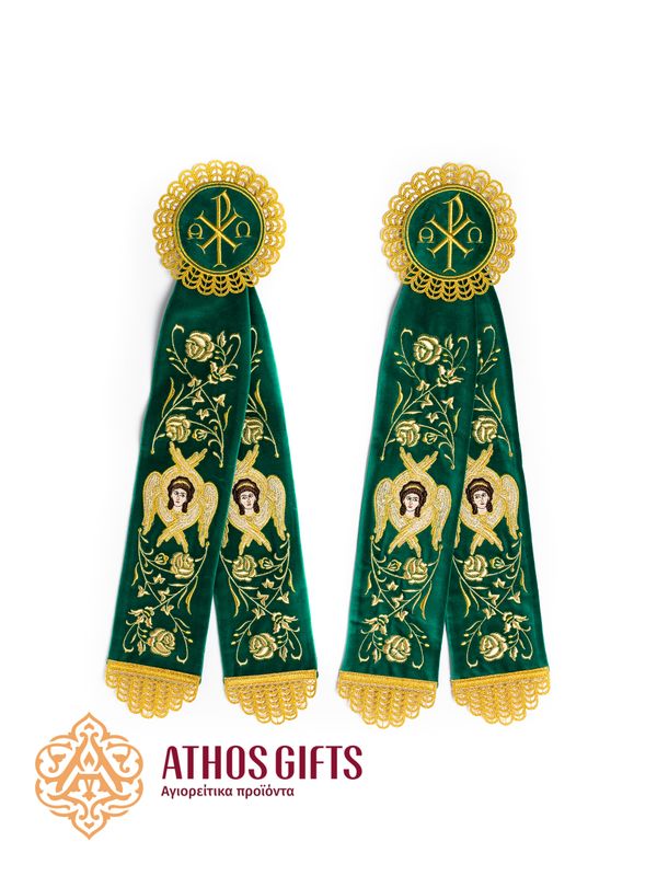Liturgical set of two green decorative ribbons for the dikirion and trikirion.