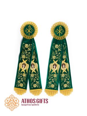 Liturgical set of two green decorative ribbons for the dikirion and trikirion.