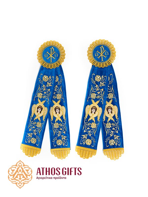 Liturgical set of two blue decorative ribbons for the dikirion and trikirion.
