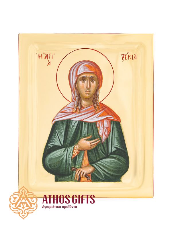 Handmade icon of Saint Xenia, made on natural linden wood
