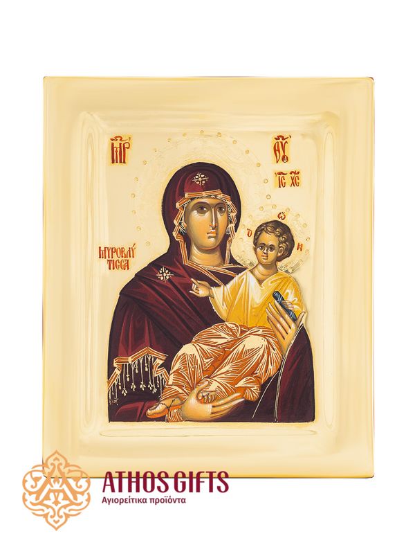 Handcrafted icon “Theotokos Myrovlytissa (The One Gushing Myrrh)”, made on natural linden wood.
