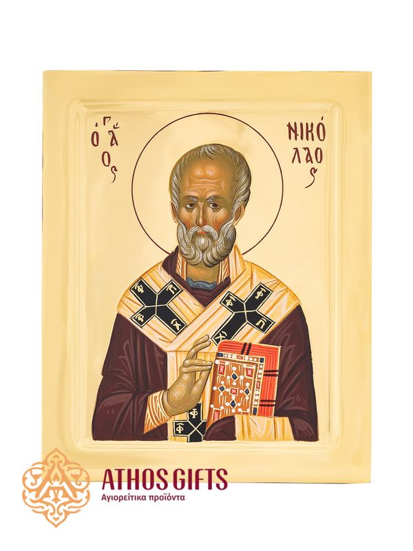 Handmade icon “Saint Nicholas”, crafted on natural linden wood. Covered with 22K gold gilding
