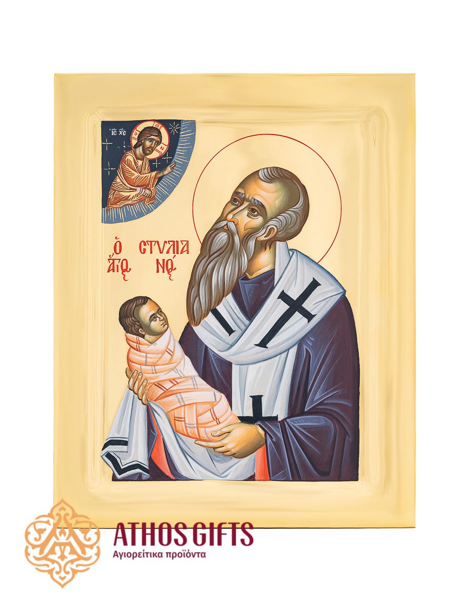 Handmade icon of Saint Stylianos of Paphlagonia, made on natural linden wood
