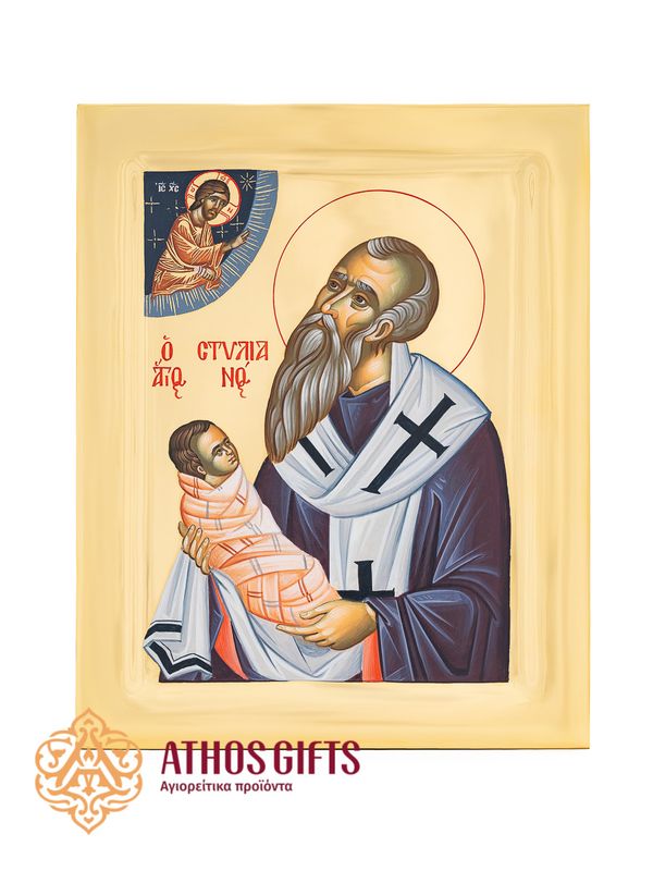 Handmade icon of Saint Stylianos of Paphlagonia, made on natural linden wood