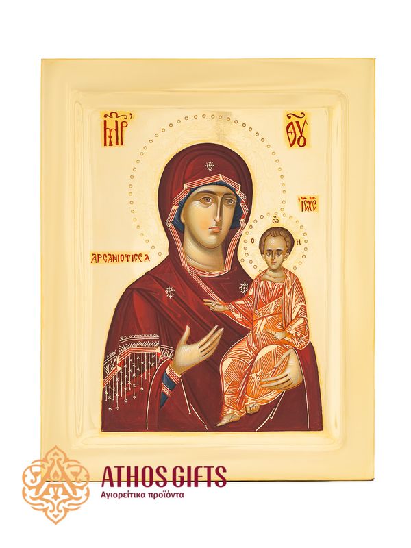 The icon “The Theotokos of the Port” is handmade from natural linden wood and covered with 22K gold leaf.