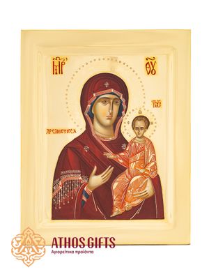 The icon “The Theotokos of the Port” is handmade from natural linden wood and covered with 22K gold leaf.