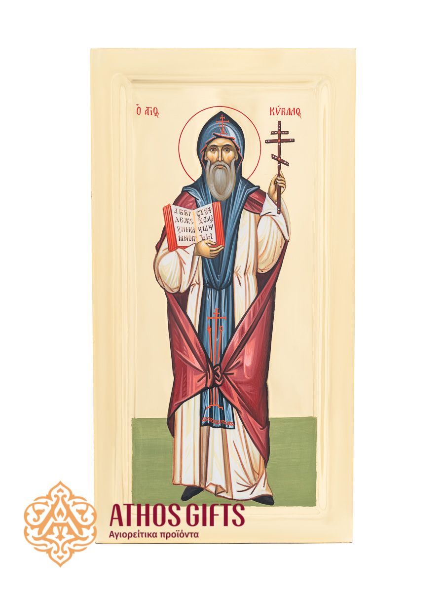 Icon of Saint Cyril, handmade on natural linden wood with 22K gold leaf.