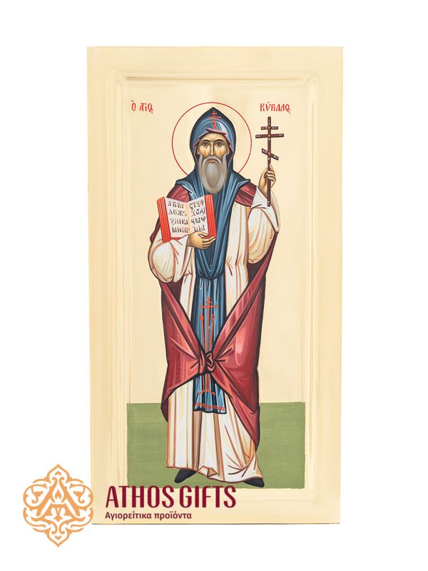 Icon of Saint Cyril, handmade on natural linden wood with 22K gold leaf.