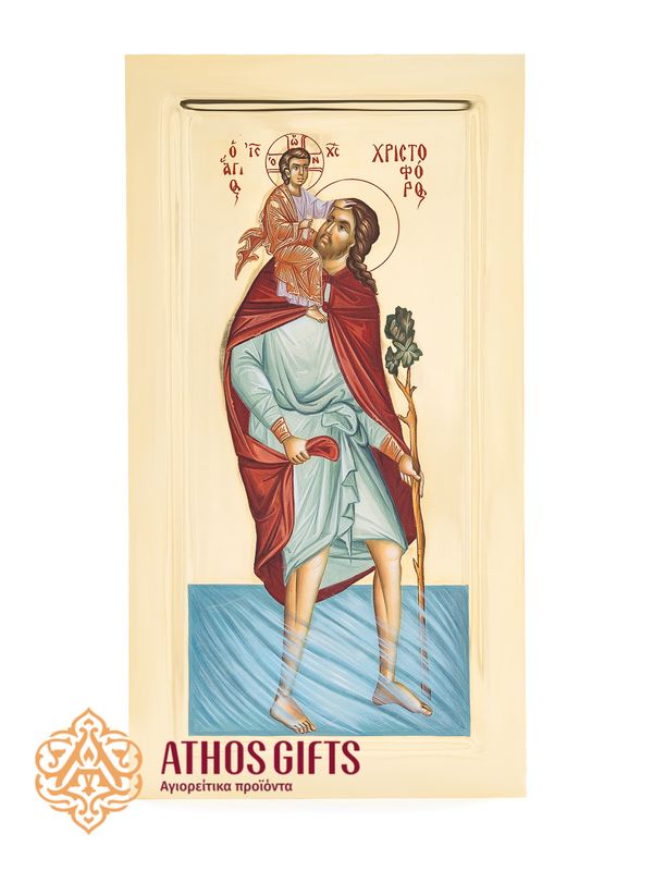 Icon of Saint Christopher, handmade on natural linden wood. Covered with 22K gold leaf.