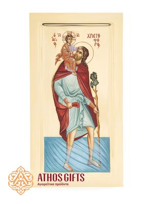 Icon of Saint Christopher, handmade on natural linden wood. Covered with 22K gold leaf.