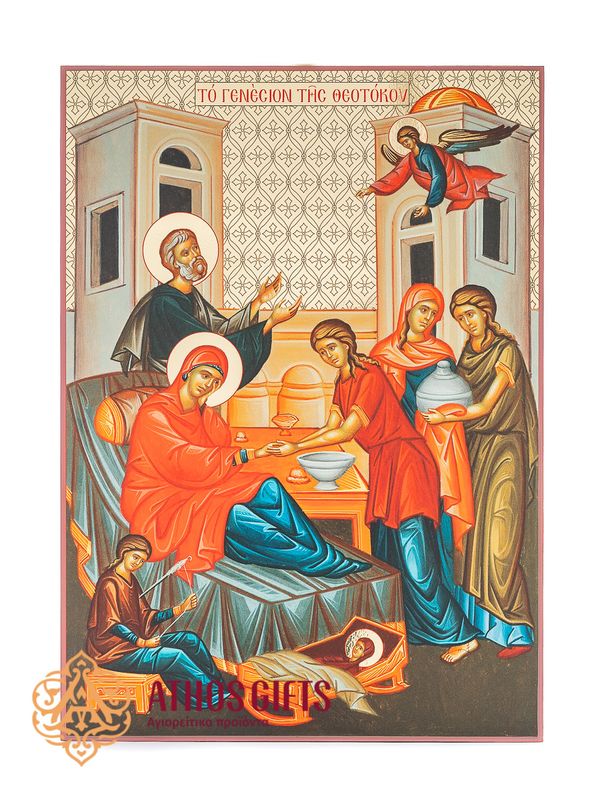 The icon “The Nativity of the Most Holy Theotokos” is made on chipboard using advanced printing technologies.