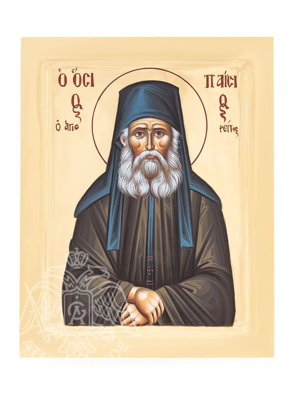 Handmade icon “Saint Paisios”, crafted on natural linden wood. Covered with 22K gold gilding