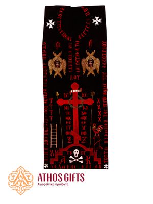 Monastic schema with embroidery made in red thread.
