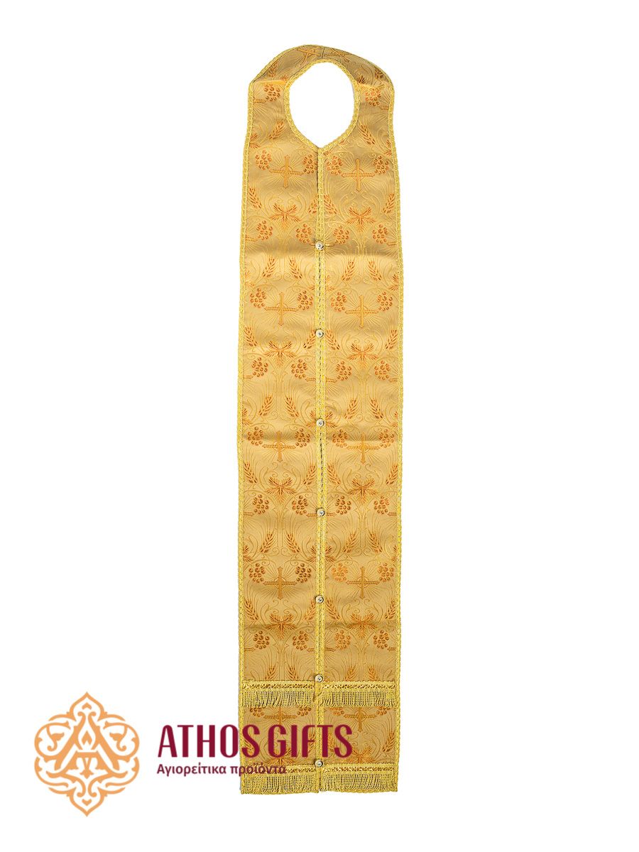 Epitrachelion for liturgical services made of thick heavy yellow fabric with a rich floral pattern.