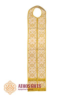 Epitrachelion for liturgical services made of thick heavy fabric with a rich floral pattern.