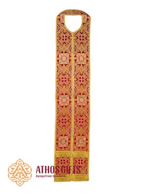 Epitrachelion for liturgical services made of thick heavy red fabric with a rich floral pattern.