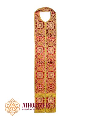 Epitrachelion for liturgical services made of thick heavy red fabric with a rich floral pattern.