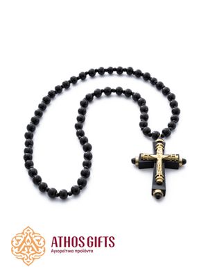 Prayer beads made of black wood with a metal image of the Crucifixion placed on a cross made of black plastic.