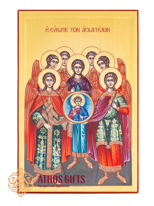 The icon “Synaxis of the Archangels” is handcrafted from natural wood and covered with 22-carat gold leaf.