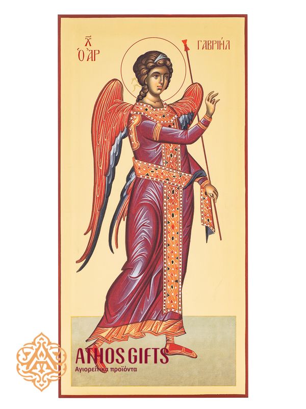 Icon “Archangel Gabriel” hand-crafted from natural wood with 22K gold leaf coating