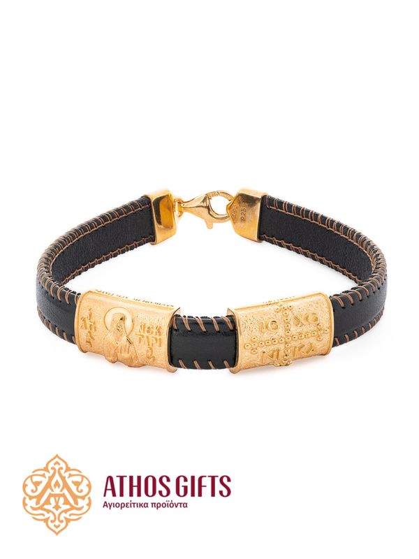 Leather bracelet with a gold-plated silver image of “Saint Nectarios”