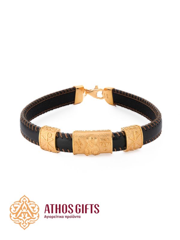 Leather bracelet with a gold-plated silver image of “Saint Nectarios”
