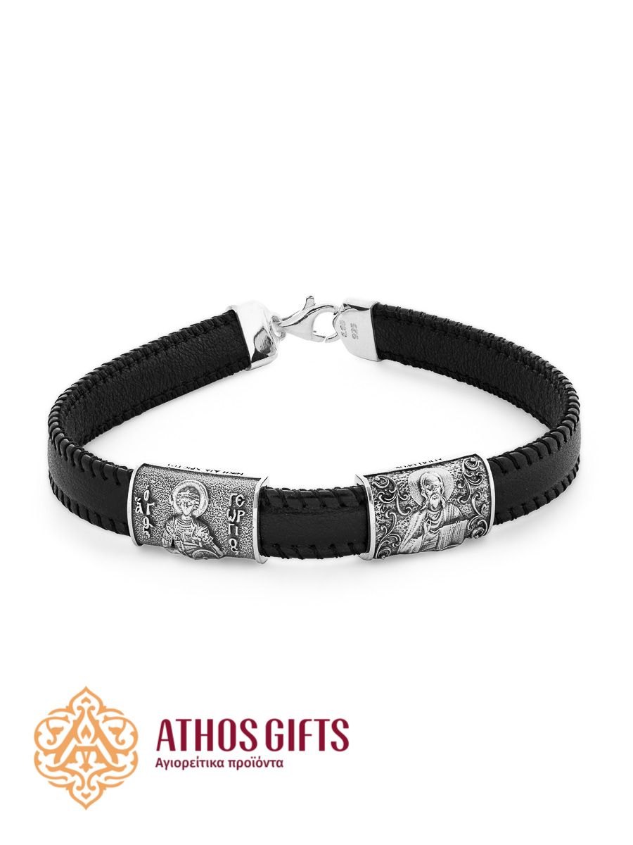 Leather Bracelet with Silver | Jesus Christ and Saint George