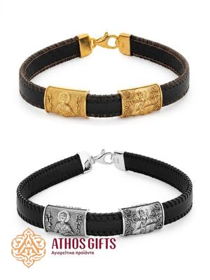 Leather Bracelet with Silver | Jesus Christ and Saint George