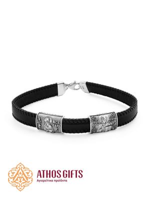 Leather Bracelet with Silver | Jesus Christ and Saint Nectarios