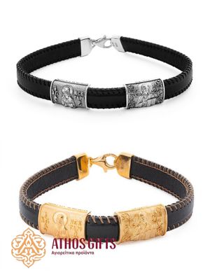 Leather Bracelet with Silver | Jesus Christ and Saint Nectarios