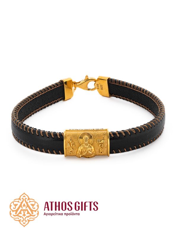 Bracelet made of genuine leather with a clasp, featuring inserts of gold-plated 925 sterling silver