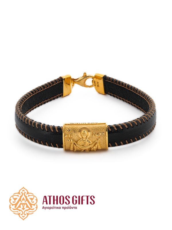 Bracelet made of genuine leather with a clasp, featuring inserts of gold-plated 925 sterling silver