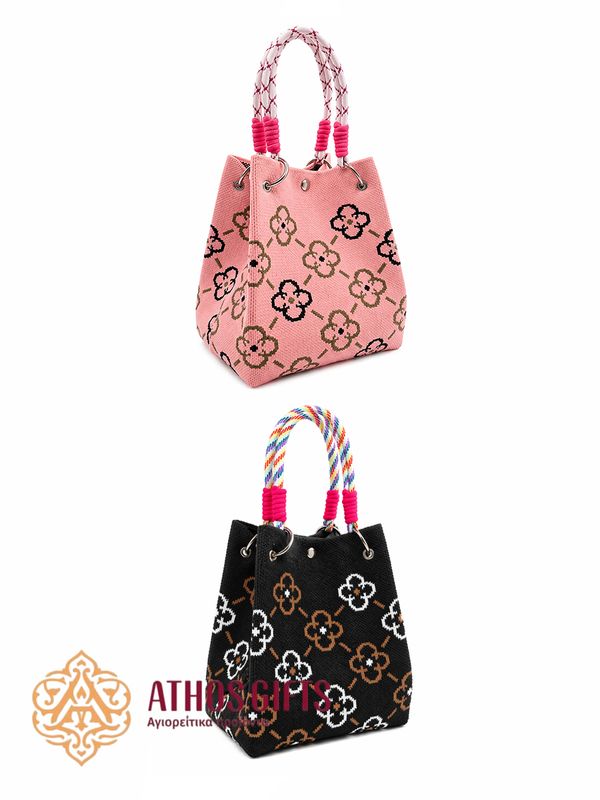 Spacious stylish tote bag made of dense knit fabric with a bright floral pattern.