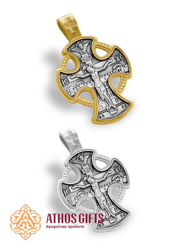 A silver cross pendant for the neck with an icon.