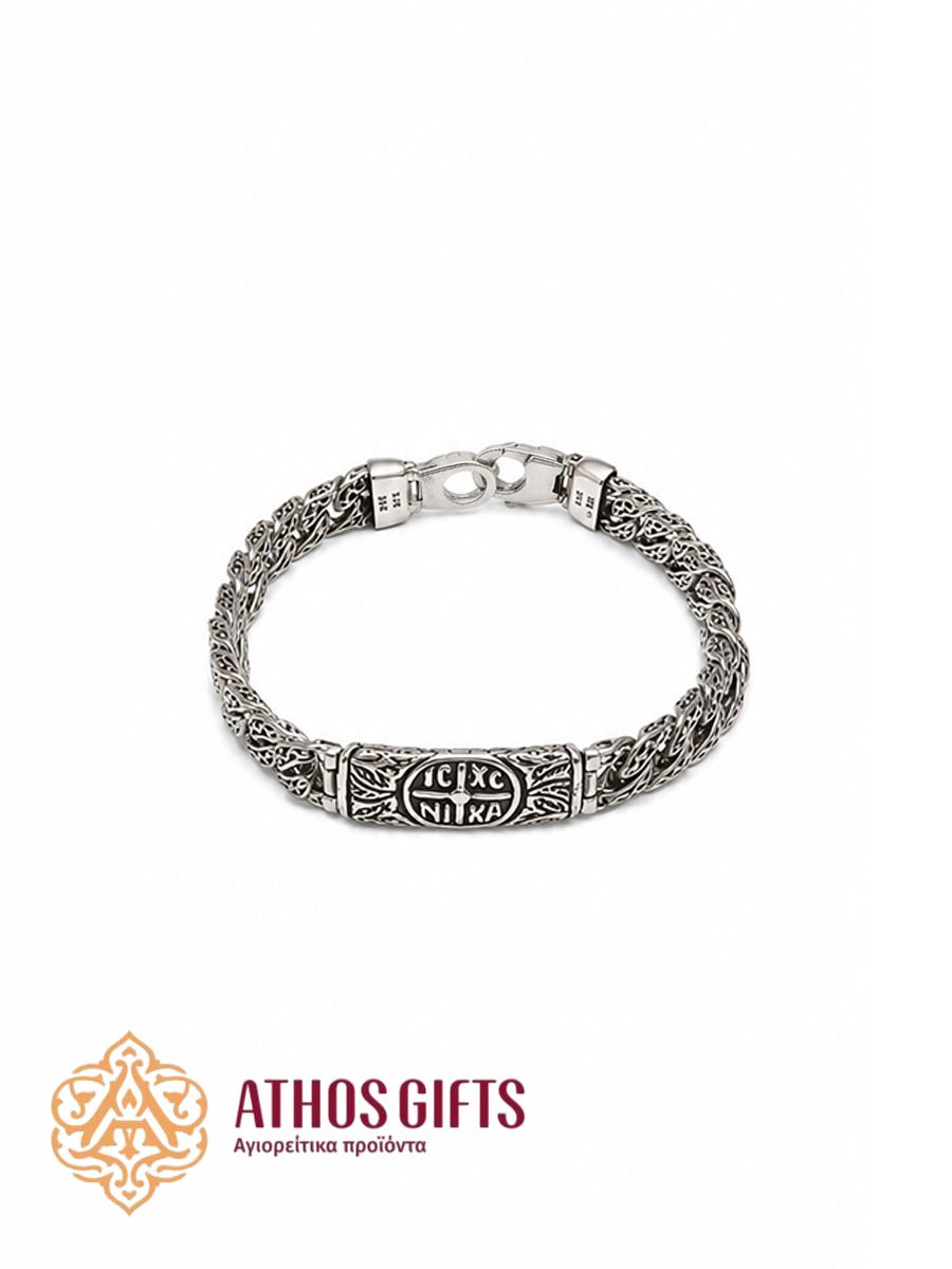 Sterling Silver Men's Bracelet with a Heavy Chain Design, Adorned with a Cross and the Inscription ΙΣ ΧΣ ΝΙΚΑ