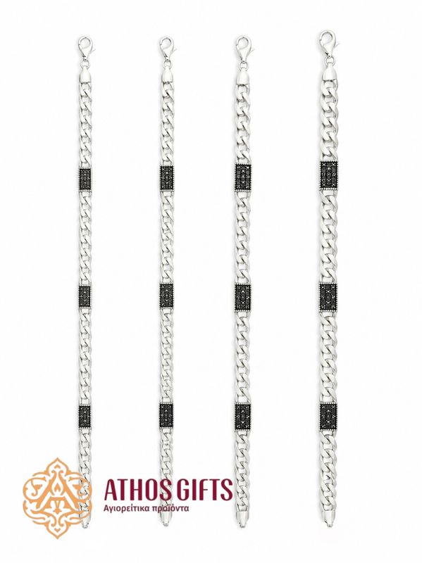 Sterling Silver Bracelet with a Heavy Chain Design and Three Inserts Adorned with Equal-Armed Crosses