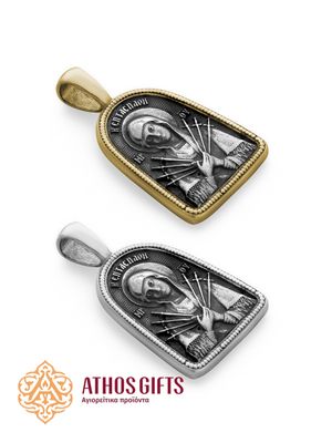 Double-sided sterling silver pendant "Holy Mandylion and the Seven Arrows Mother of God".