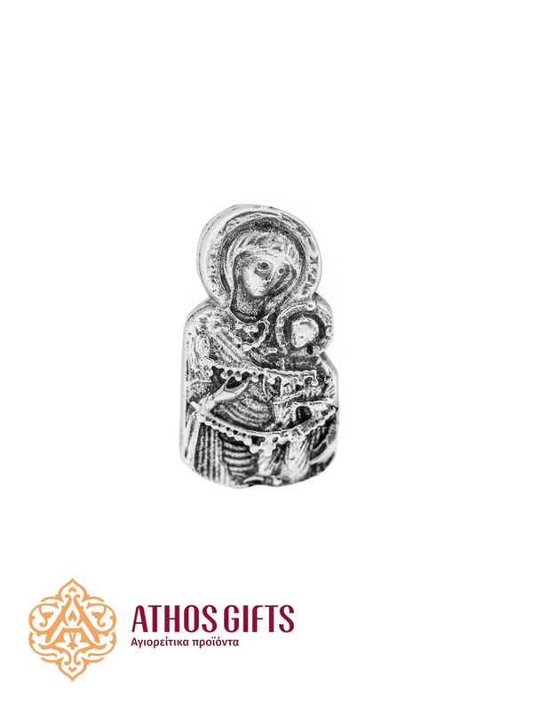 Metal pin with the Orthodox icon "Theotokos Portaitissa" in an antique silver finish.