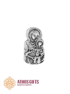 Metal pin with the Orthodox icon "Theotokos Portaitissa" in an antique silver finish.