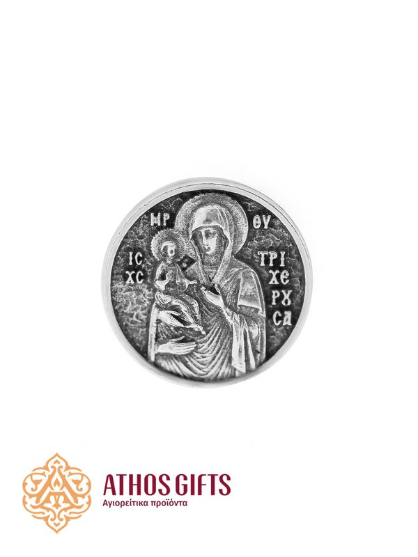 Metal pin with the Orthodox icon "Theotokos of the Three-Handed" in an antique silver finish.