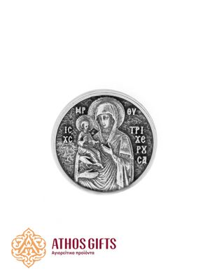 Metal pin with the Orthodox icon "Theotokos of the Three-Handed" in an antique silver finish.