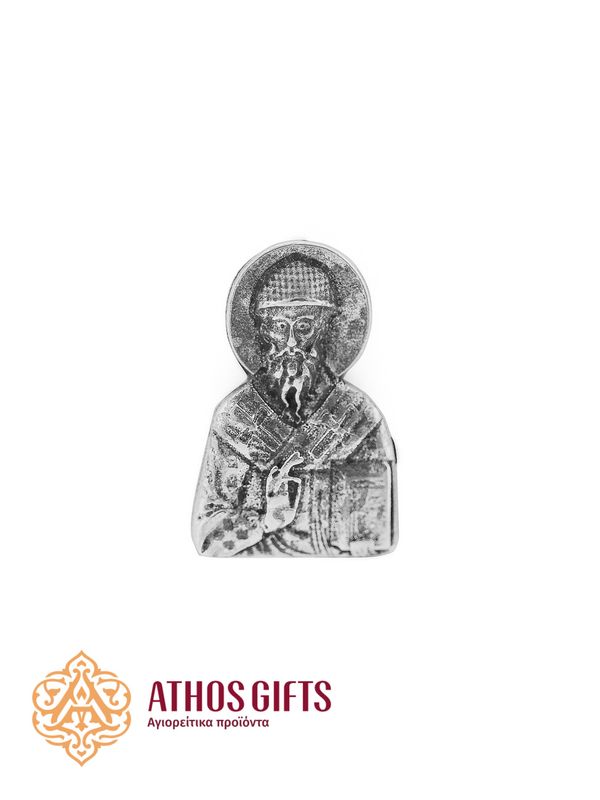 Metal pin with the Orthodox icon "Saint Spyridon" in an antique silver finish.