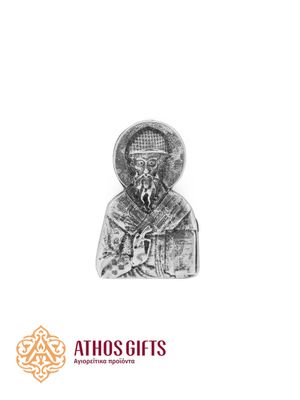 Metal pin with the Orthodox icon "Saint Spyridon" in an antique silver finish.