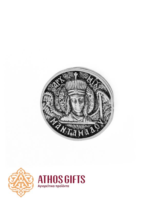 Metal pin with the Orthodox icon "Archangel Michael" in an antique silver finish.