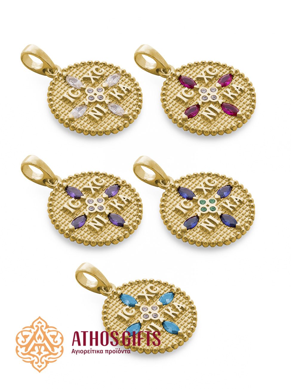 Gold-plated sterling silver icon medallion featuring the Christogram ΙΣ ΧΣ ΝΙΚΑ.