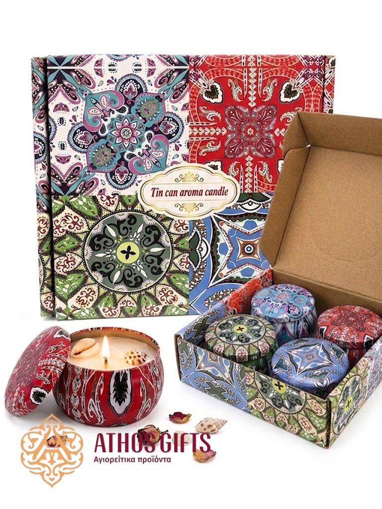 Gift set of decorative scented candles in tin boxes.