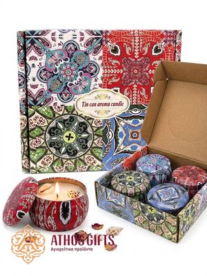 Gift set of decorative scented candles in tin boxes.