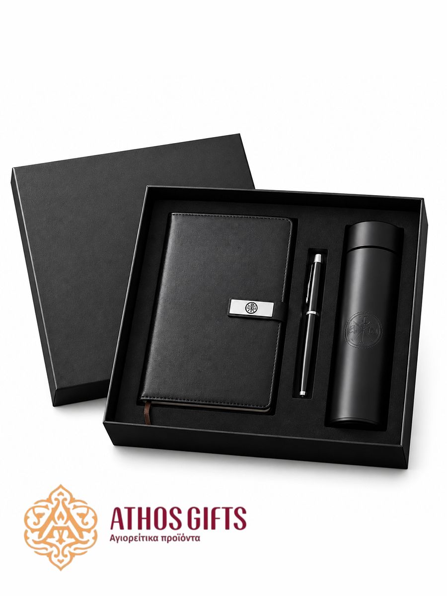 Gift set with a thermos, notebook, and pen.