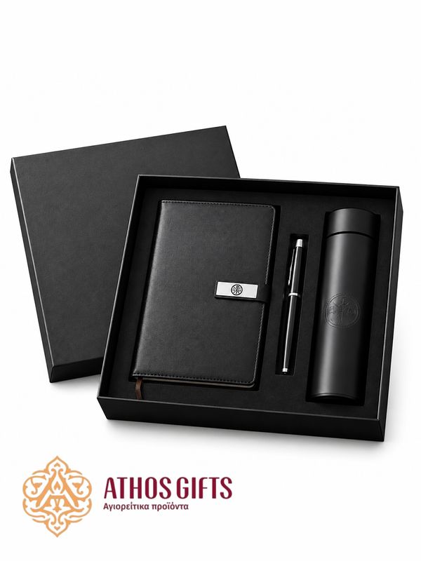 Gift set with a thermos, notebook, and pen.